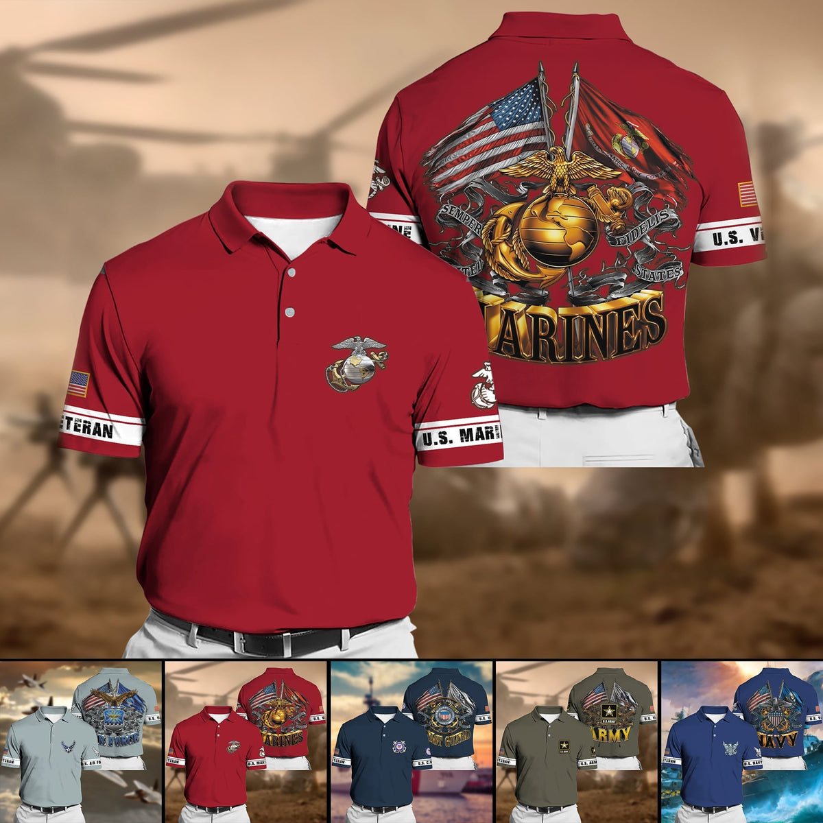 BJ Premium Multiple US Military Services Veteran Polo Shirt