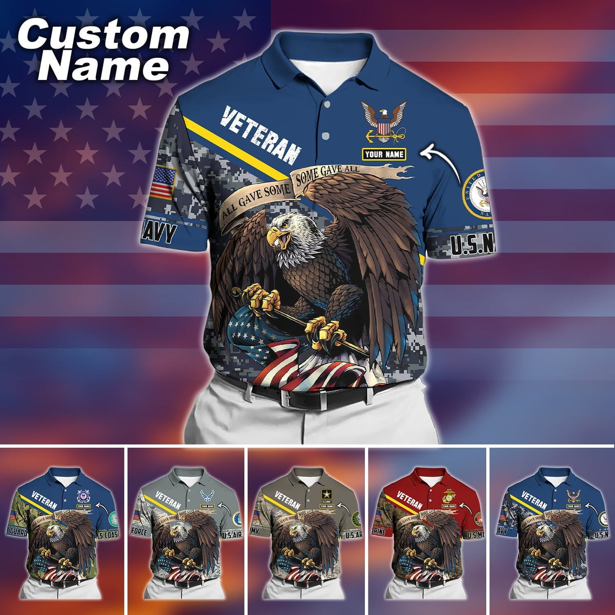 BJ Premium Personalised U.S Multiple Service Veteran Polo Shirt