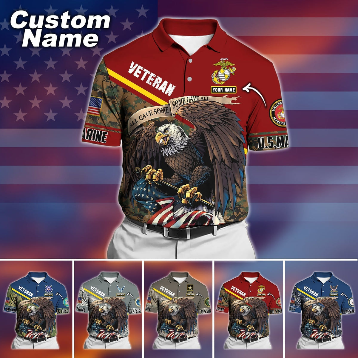BJ Premium Personalised U.S Multiple Service Veteran Polo Shirt