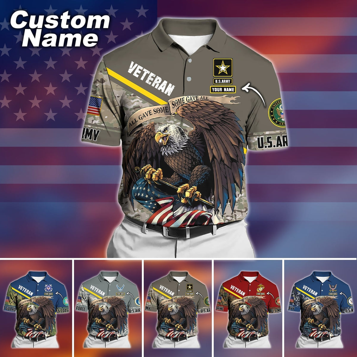 BJ Premium Personalised U.S Multiple Service Veteran Polo Shirt