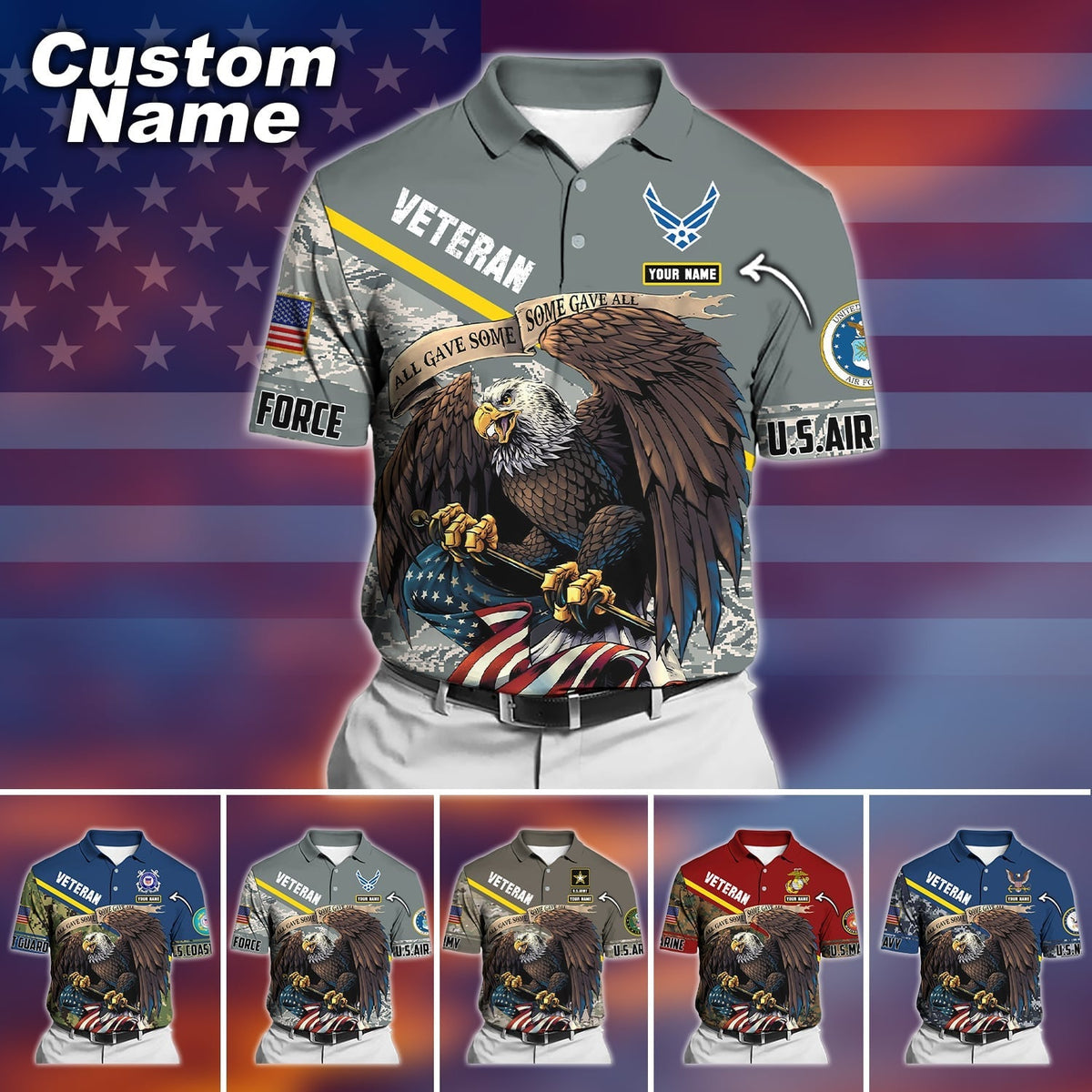 BJ Premium Personalised U.S Multiple Service Veteran Polo Shirt