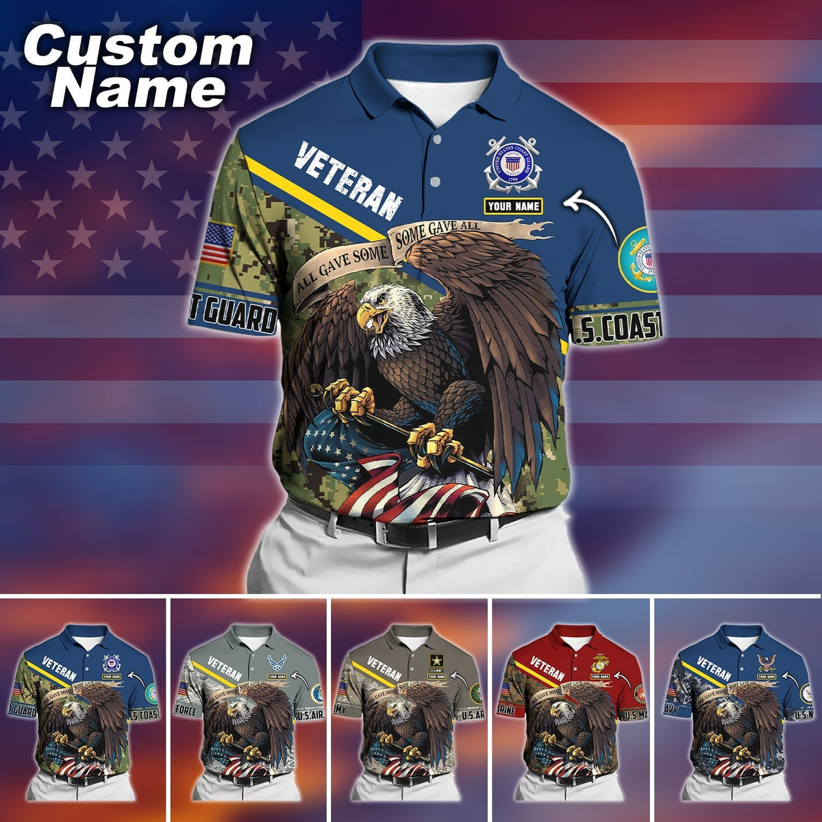 BJ Premium Personalised U.S Multiple Service Veteran Polo Shirt