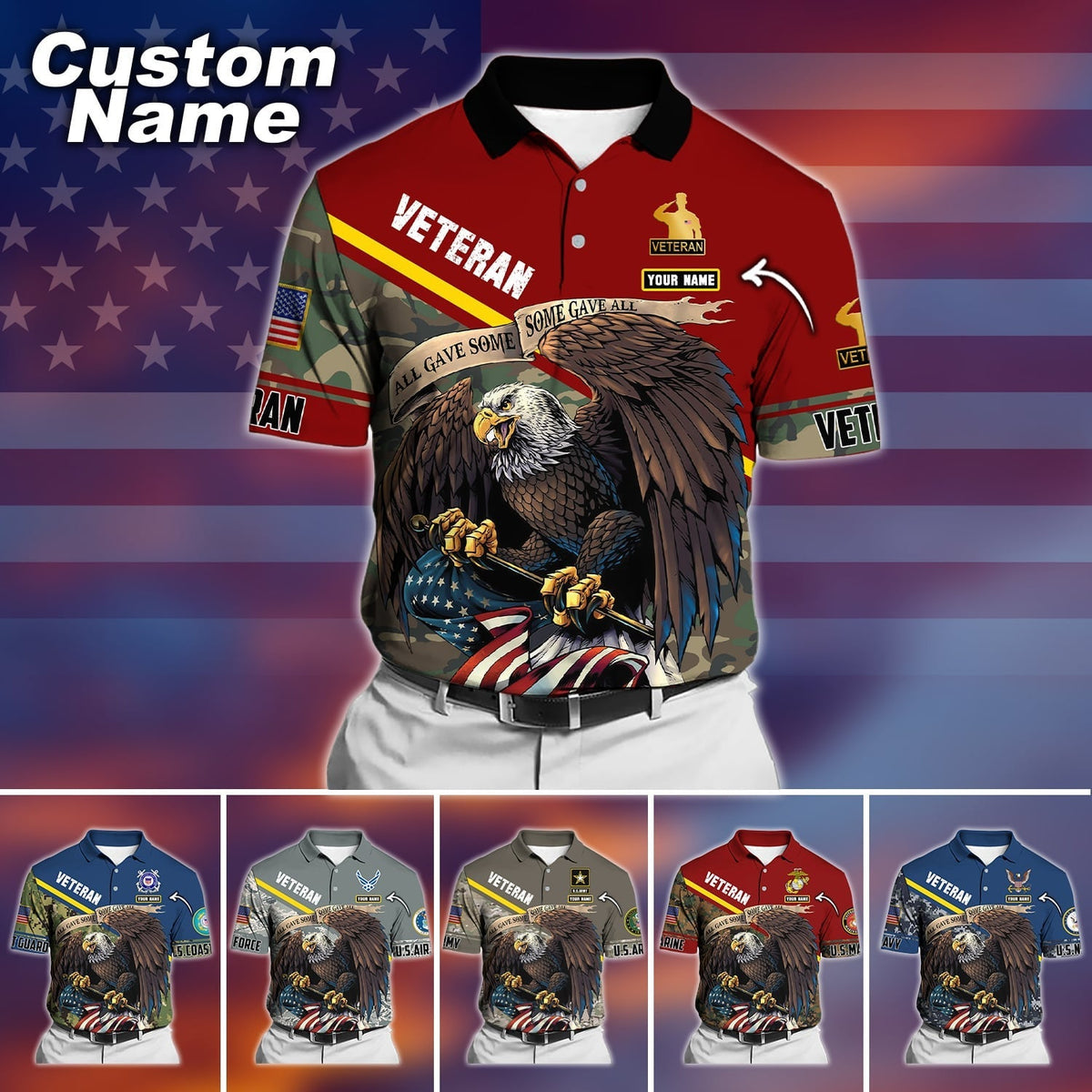 BJ Premium Personalised U.S Multiple Service Veteran Polo Shirt