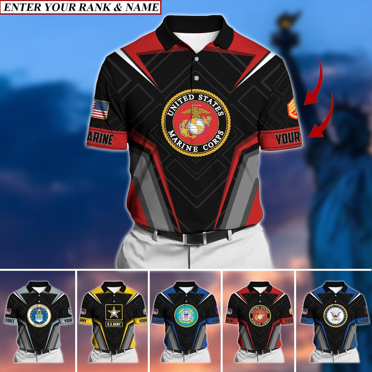 BJ Premium Personalised U.S Multiple Service Veteran Polo Shirt