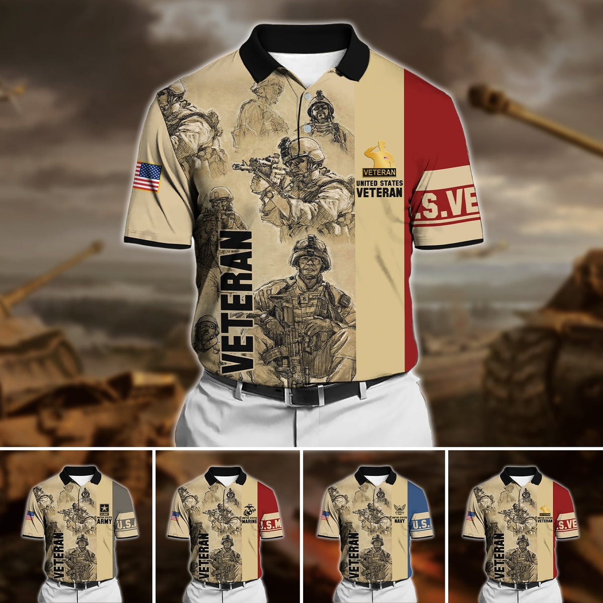 BJ Premium U.S Multiple Service Veteran Polo Shirt
