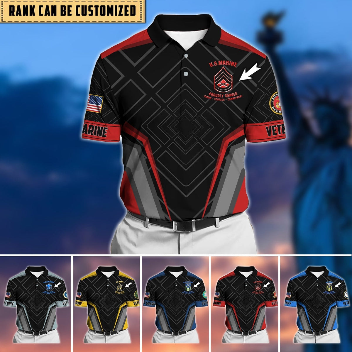 BJ Premium Personalised U.S Multiple Service Veteran Polo Shirt