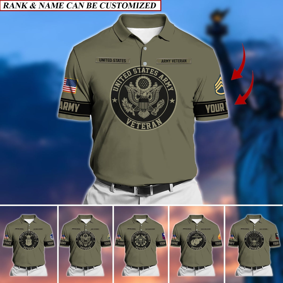 BJ Premium Personalised U.S Multiple Service Veteran Polo Shirt