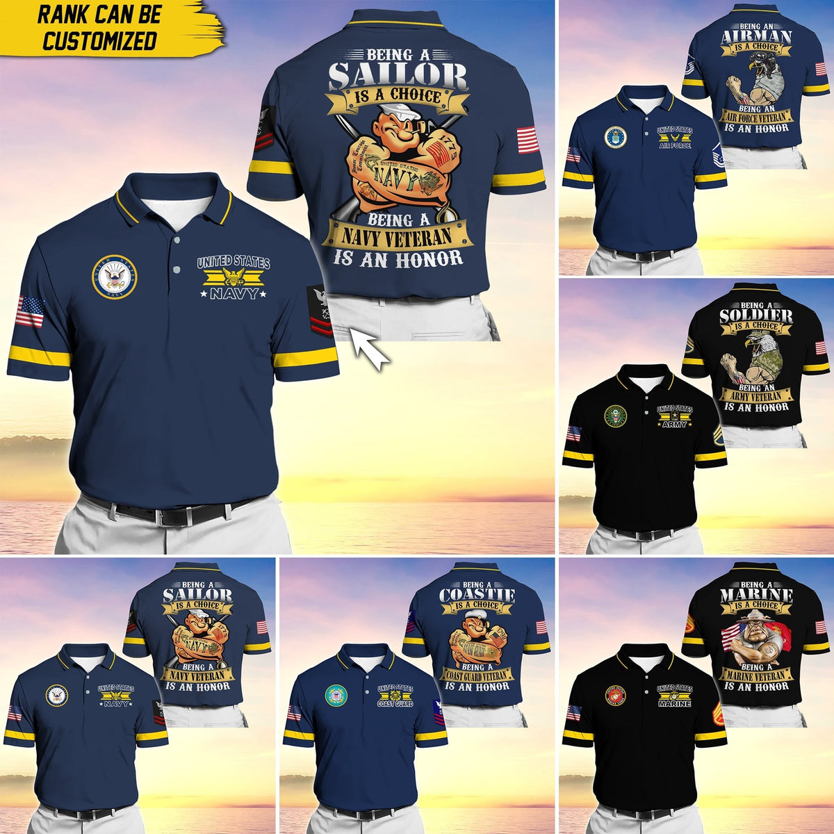 BJ Premium Personalise U.S Multiple Service Veteran Polo Shirt