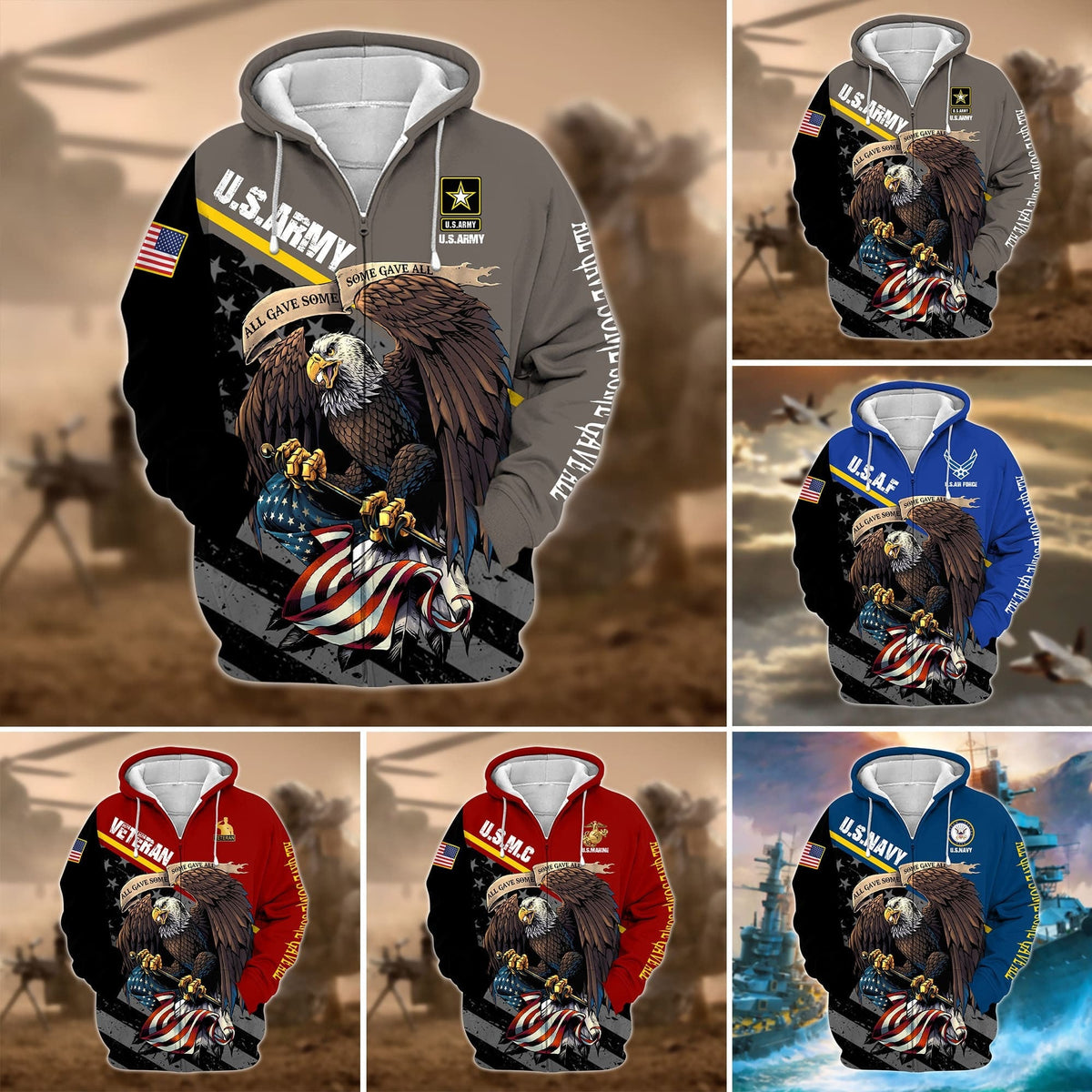 BJ Premium Multiple US Military Services Veteran Zip Hoodie TH15122521