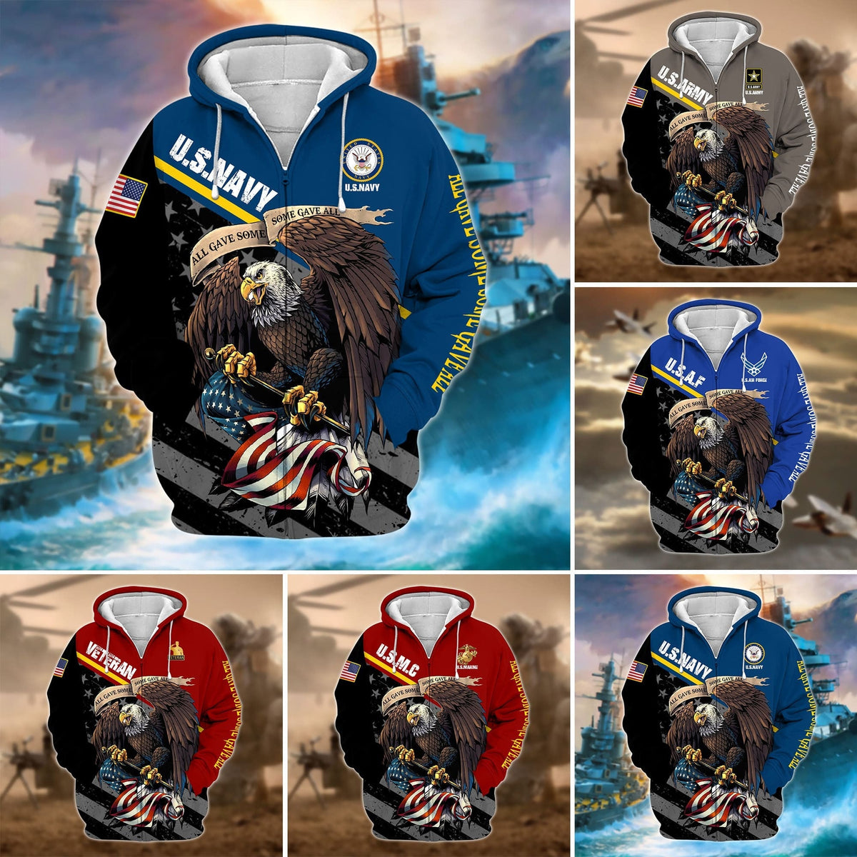 BJ Premium Multiple US Military Services Veteran Zip Hoodie TH15122521