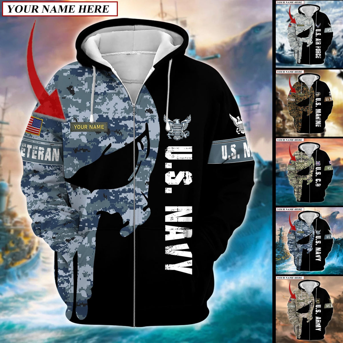 BJ Premium Multiple US Military Services Veteran Personalize Zip Hoodie
