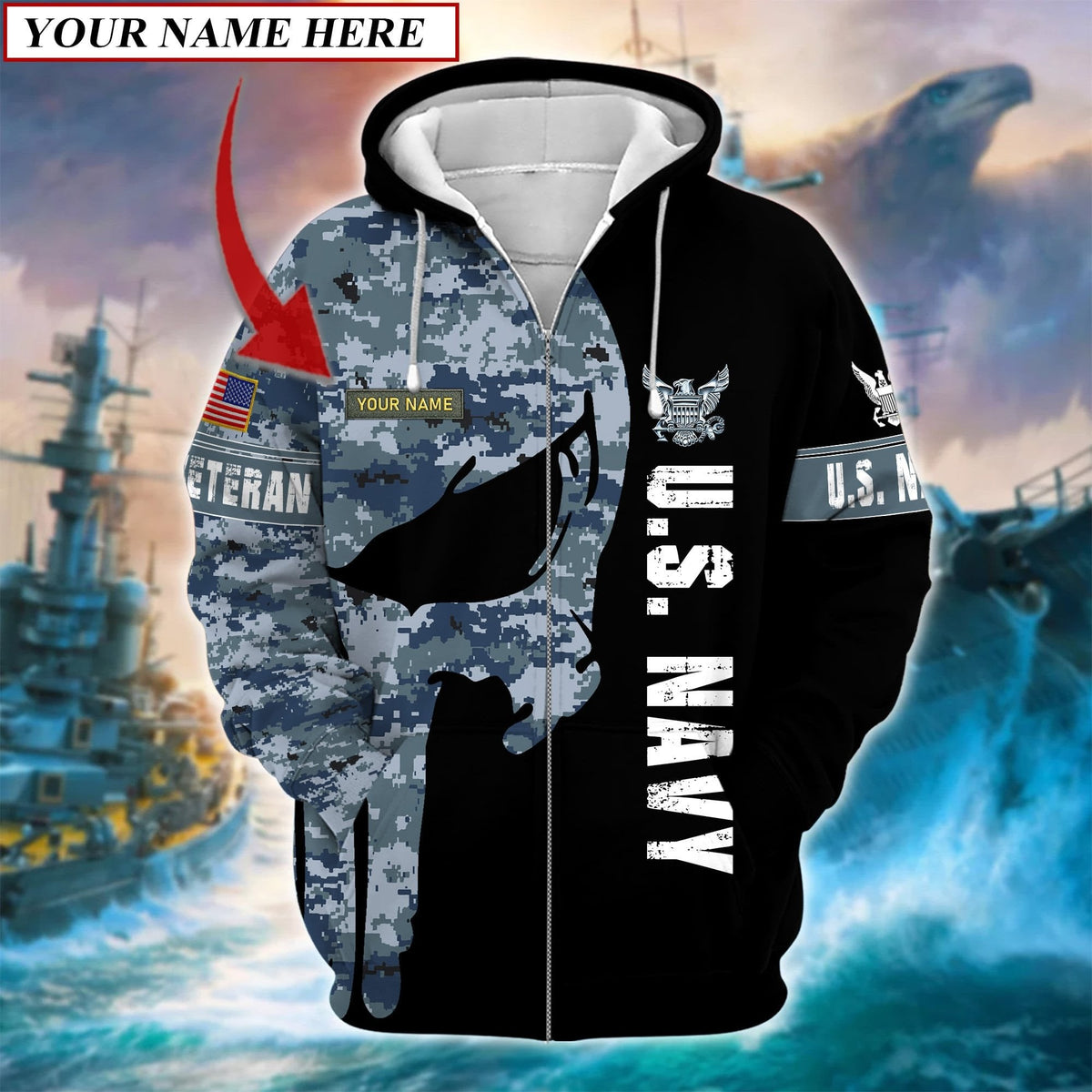 BJ Premium Multiple US Military Services Veteran Personalize Zip Hoodie