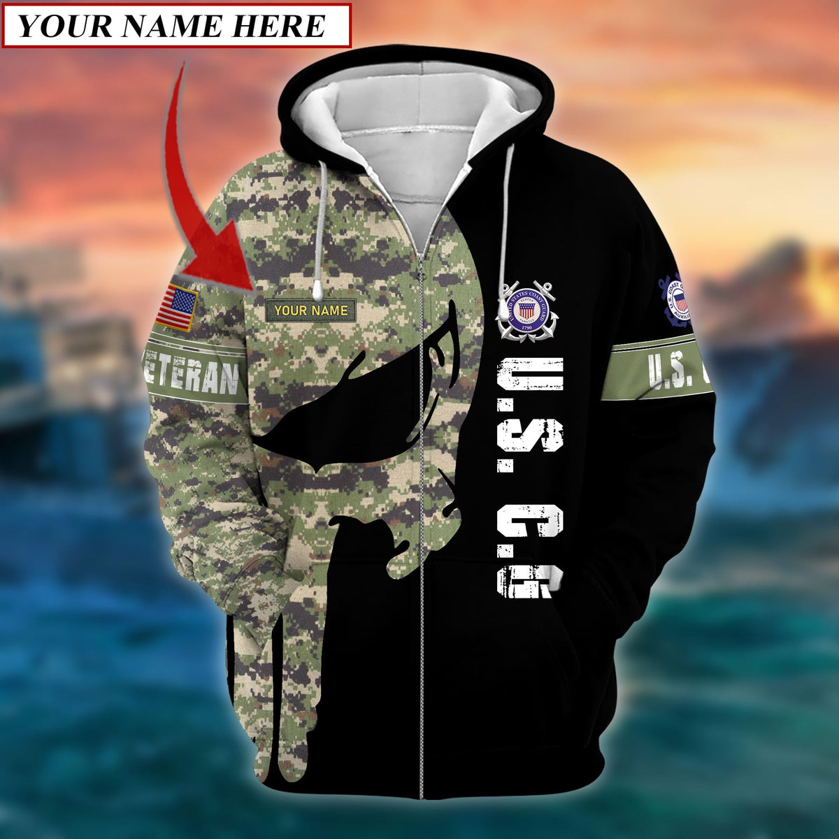 BJ Premium Multiple US Military Services Veteran Personalize Zip Hoodie