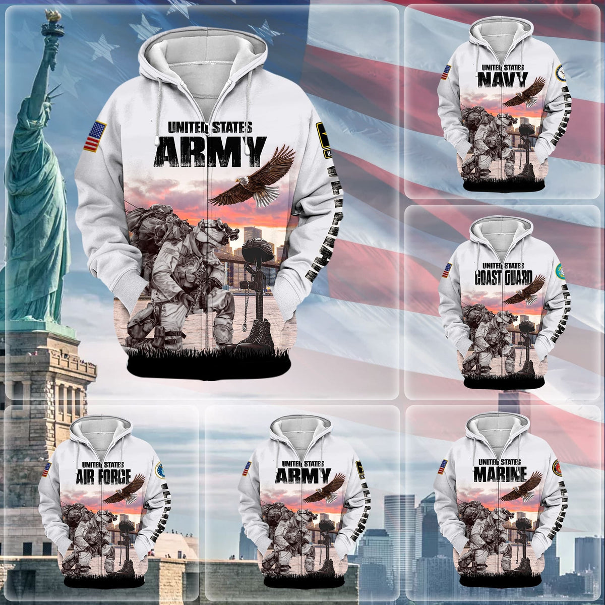 BJ Unique Multiple Service US Veteran Zip Hoodie