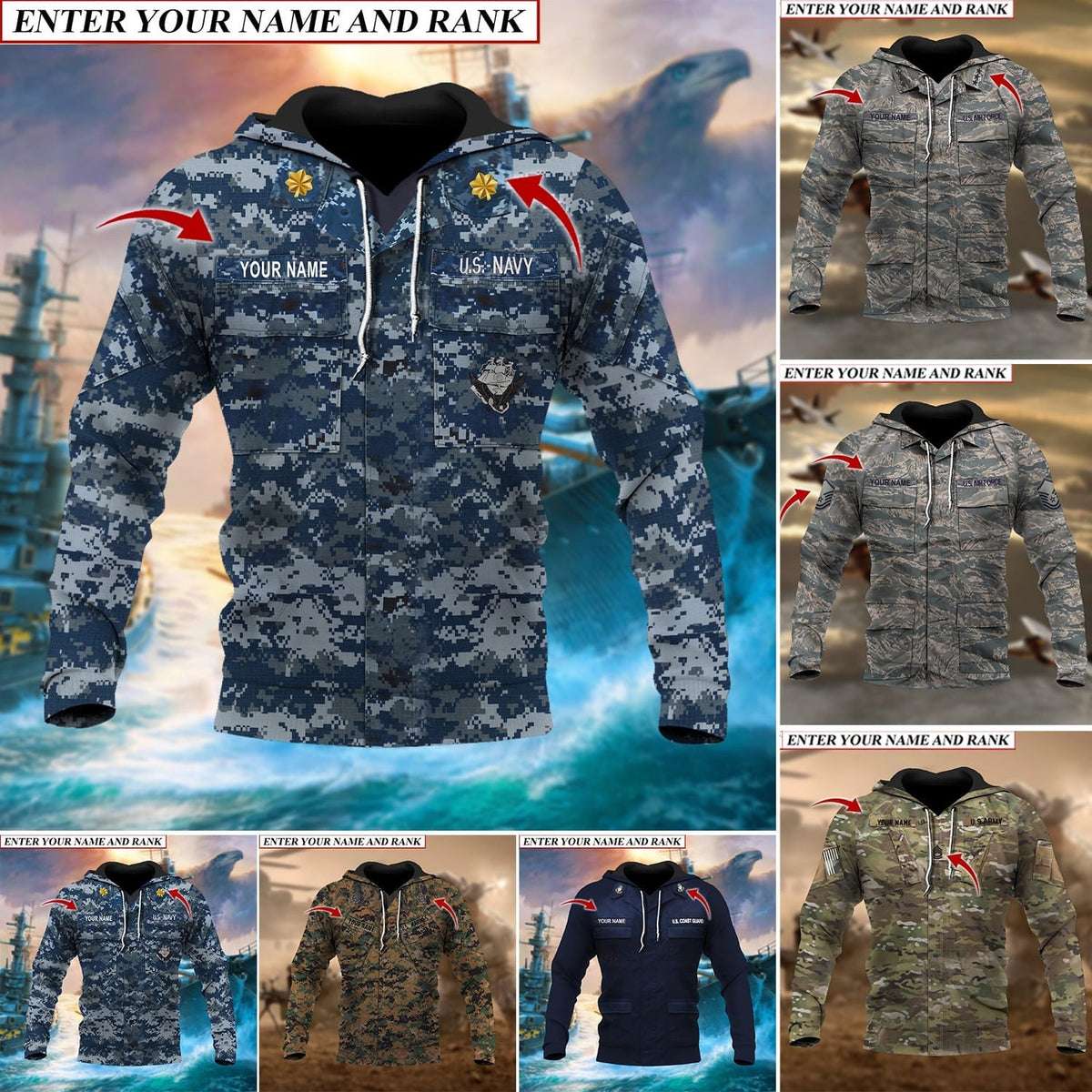 BJ Premium Multiple US Military Services Veteran Personalize Hoodie