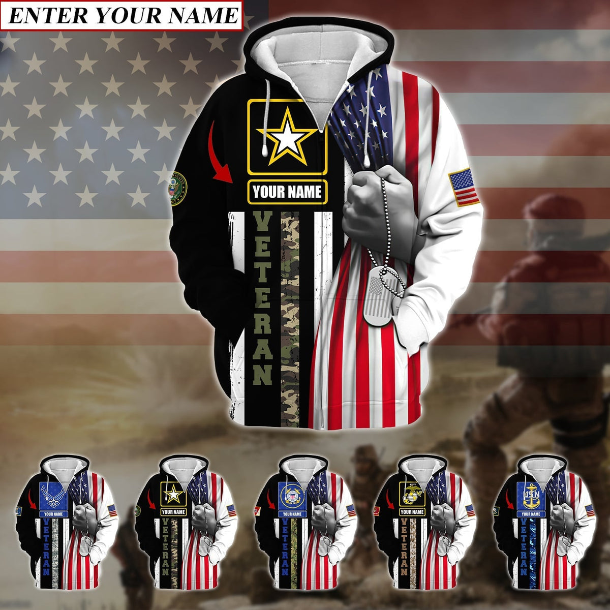 BJ Personalised Premium Multiple U.S Services Veteran Zip Hoodie