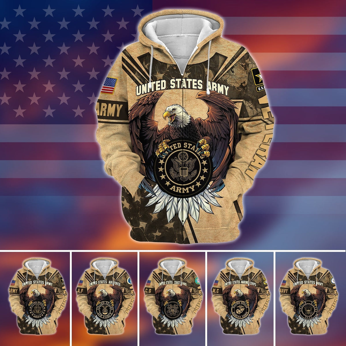 BJ Premium U.S Multiple Service Veteran Zip Hoodie