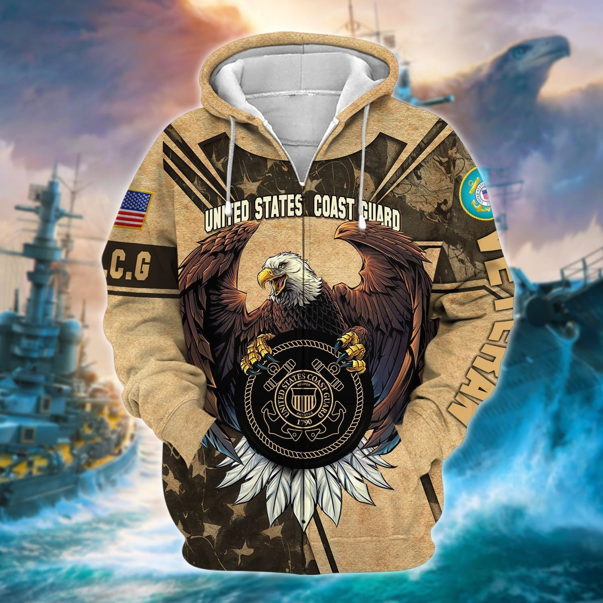 BJ Premium U.S Multiple Service Veteran Zip Hoodie