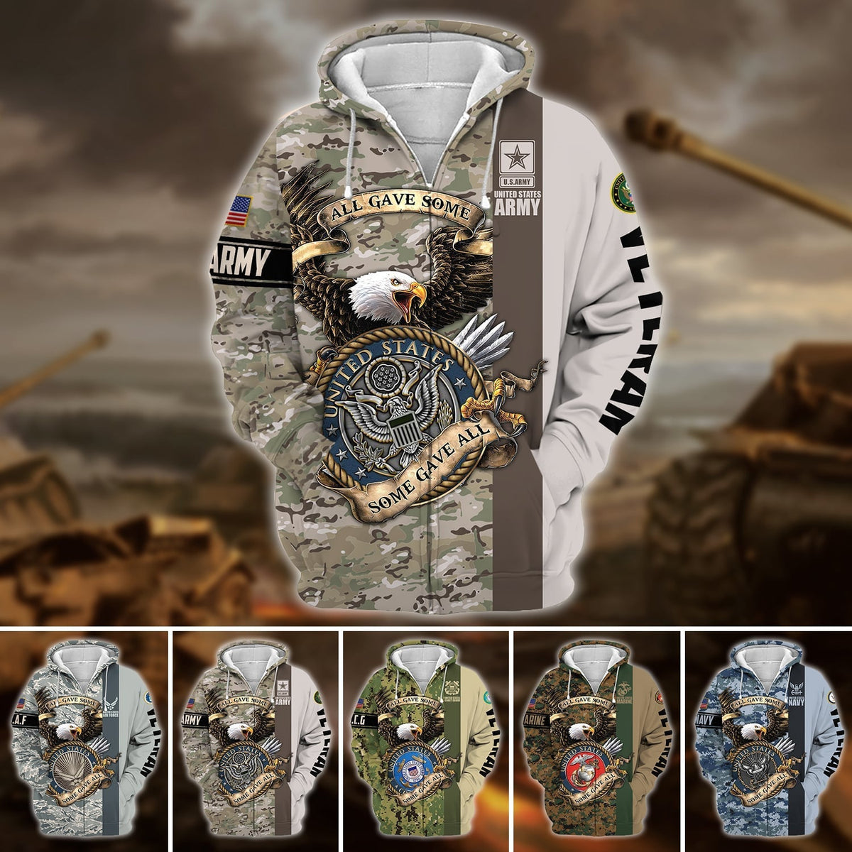 BJ Premium U.S Multiple Service Veteran Zip Hoodie
