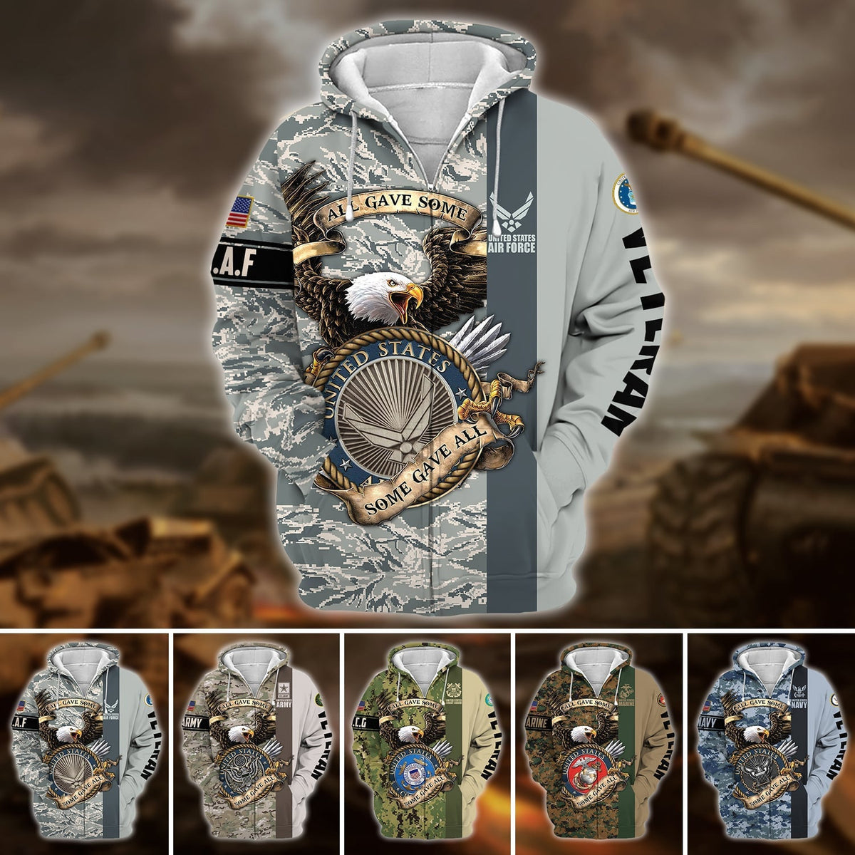 BJ Premium U.S Multiple Service Veteran Zip Hoodie