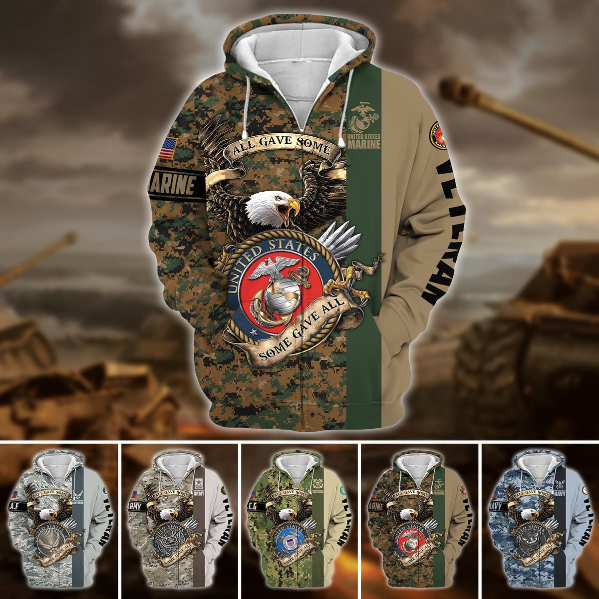 BJ Premium U.S Multiple Service Veteran Zip Hoodie