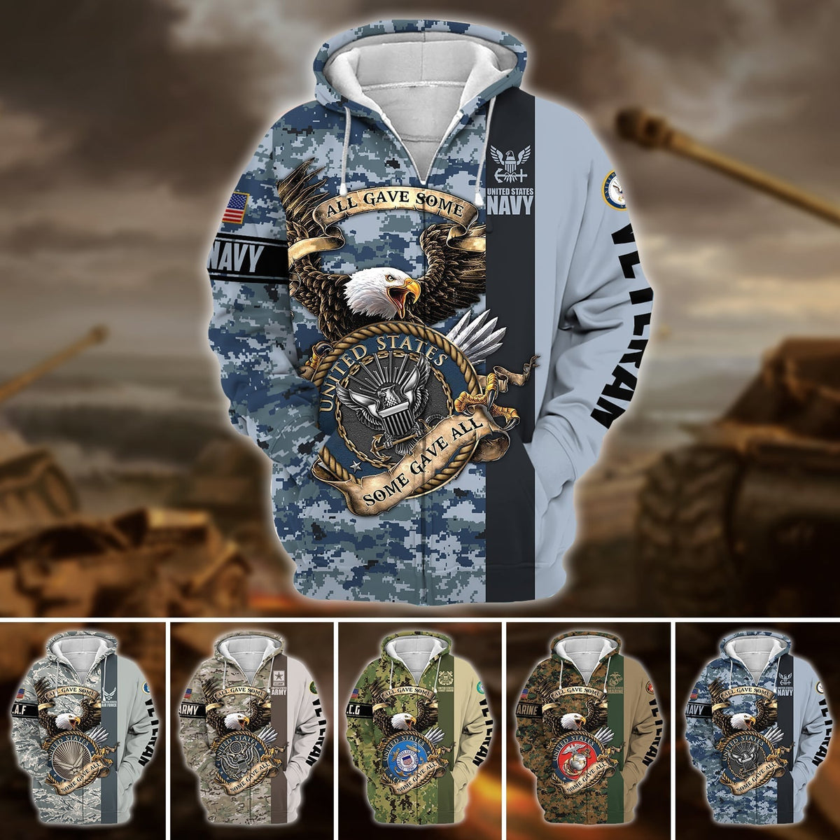 BJ Premium U.S Multiple Service Veteran Zip Hoodie