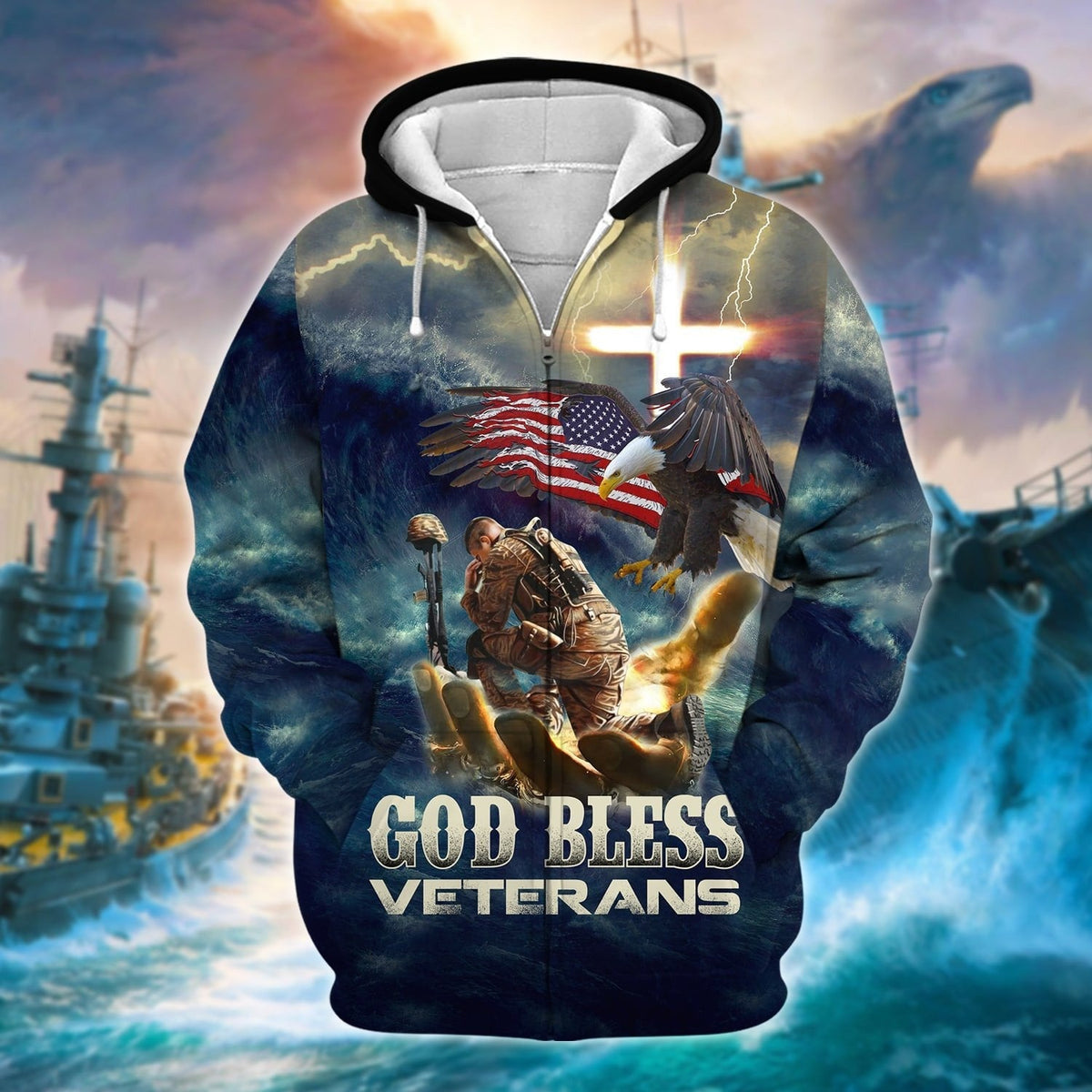 BJ Premium God Bless Veterans Zip Hoodie