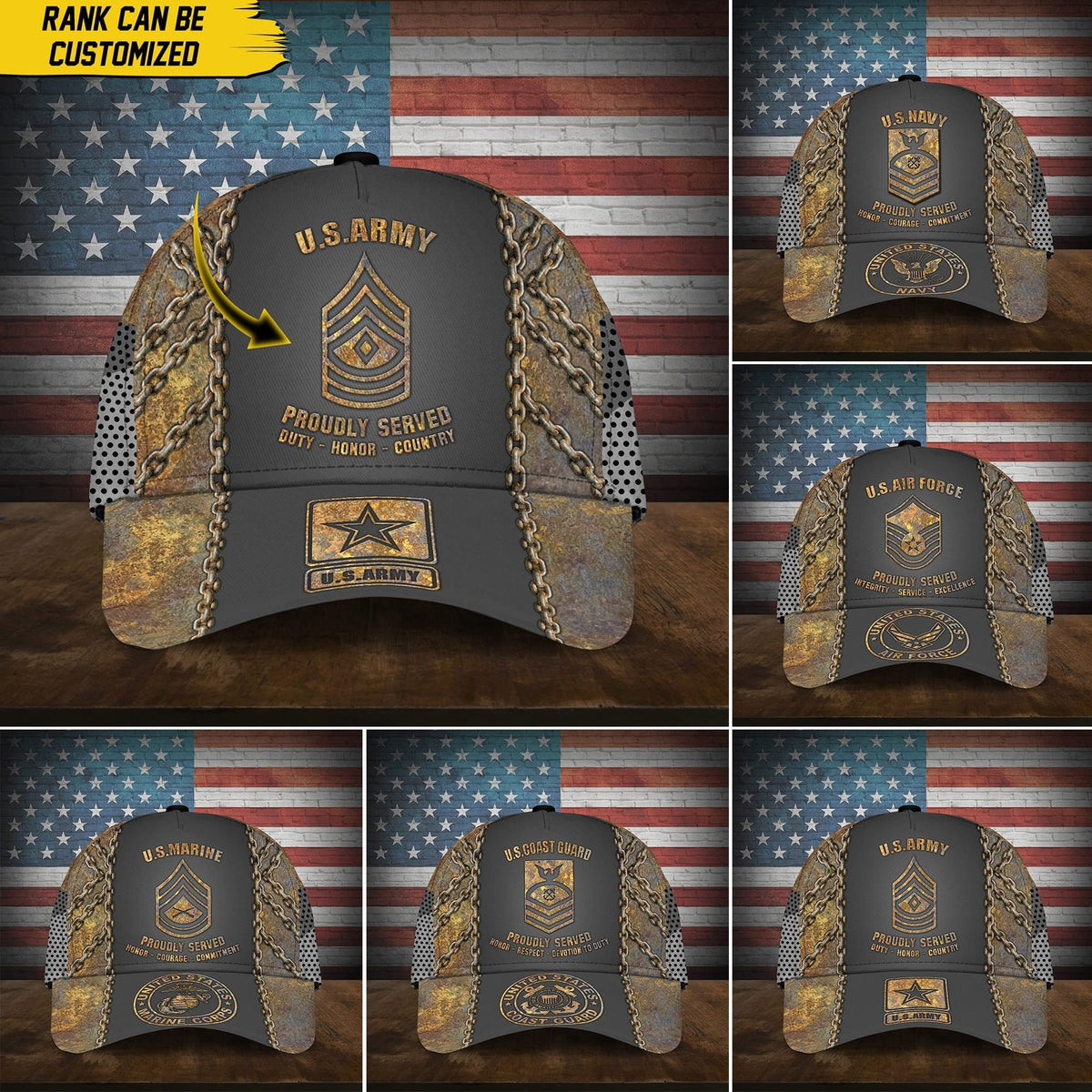 BlueJose Premium Personalise U.S Multiple Service Veteran 3D Cap PVC240301
