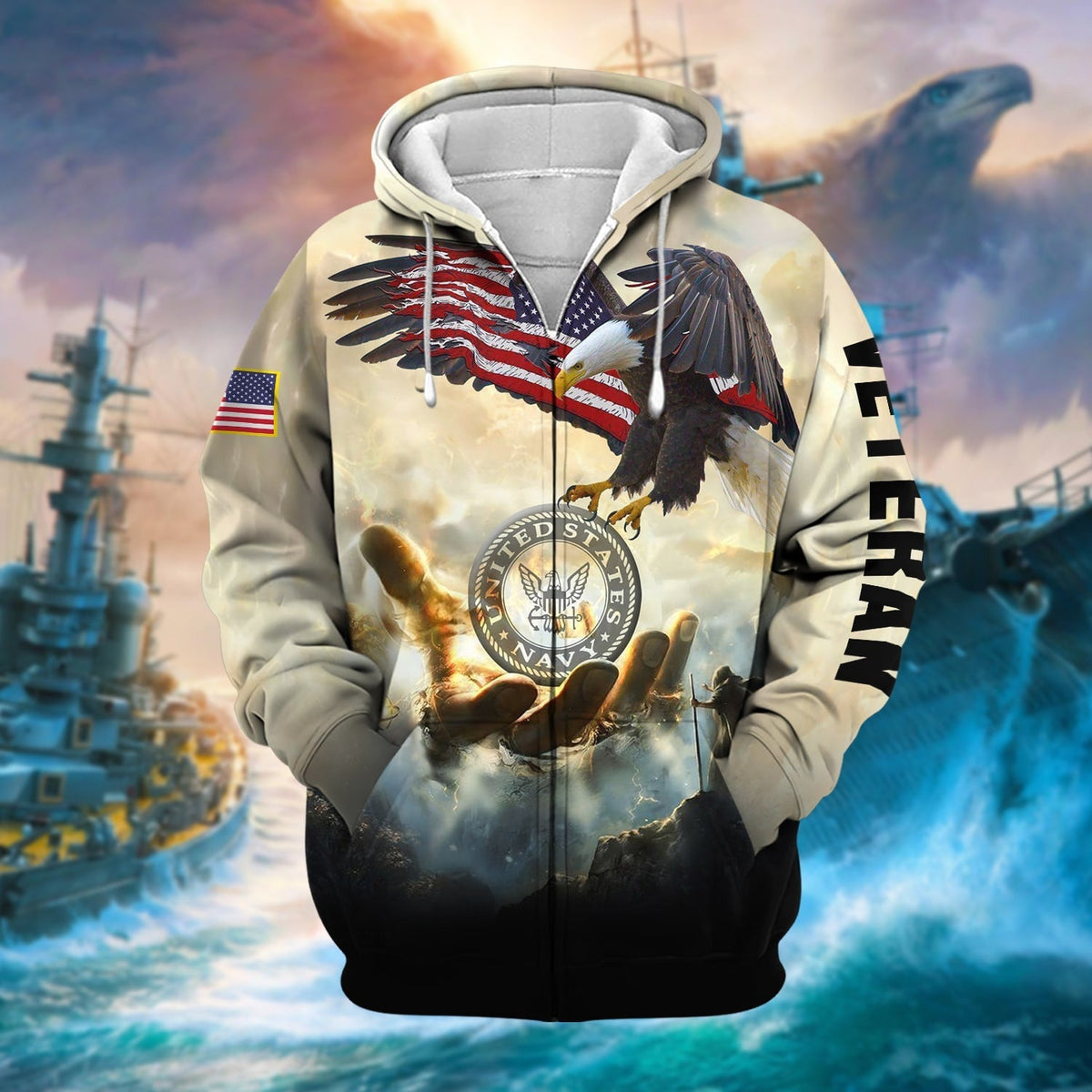 BJ Premium God Bless US Veteran Zip Hoodie