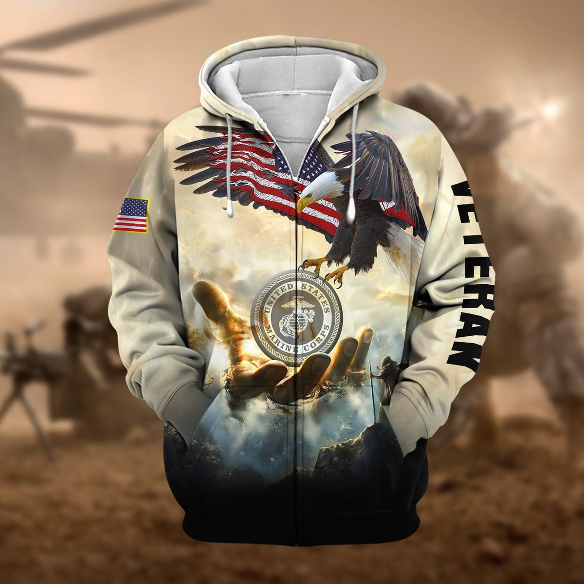BJ Premium God Bless US Veteran Zip Hoodie