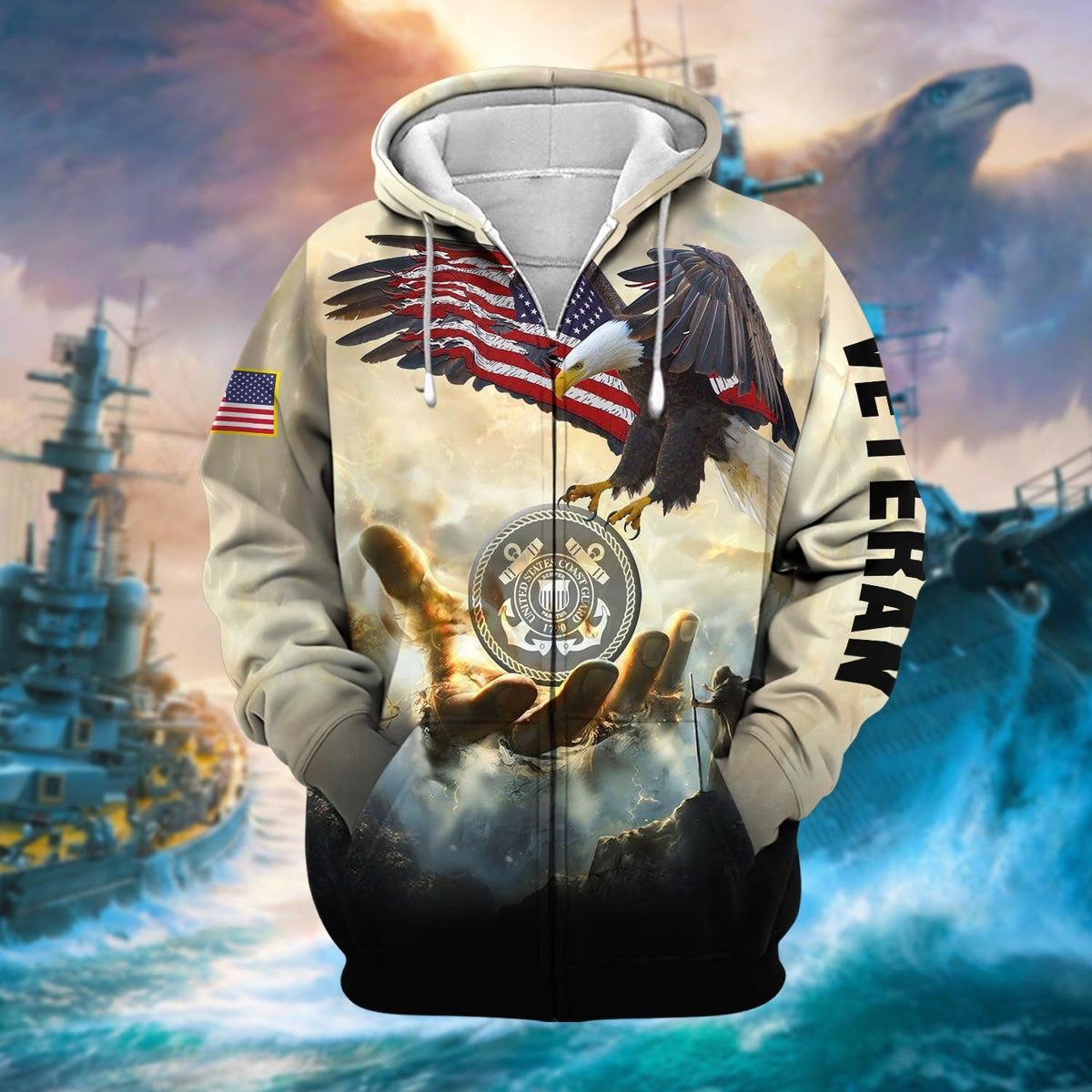 BJ Premium God Bless US Veteran Zip Hoodie