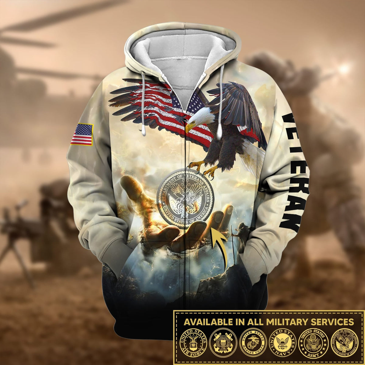 BJ Premium God Bless US Veteran Zip Hoodie