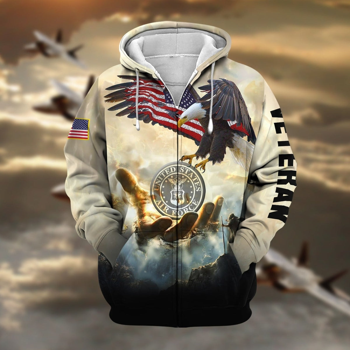 BJ Premium God Bless US Veteran Zip Hoodie