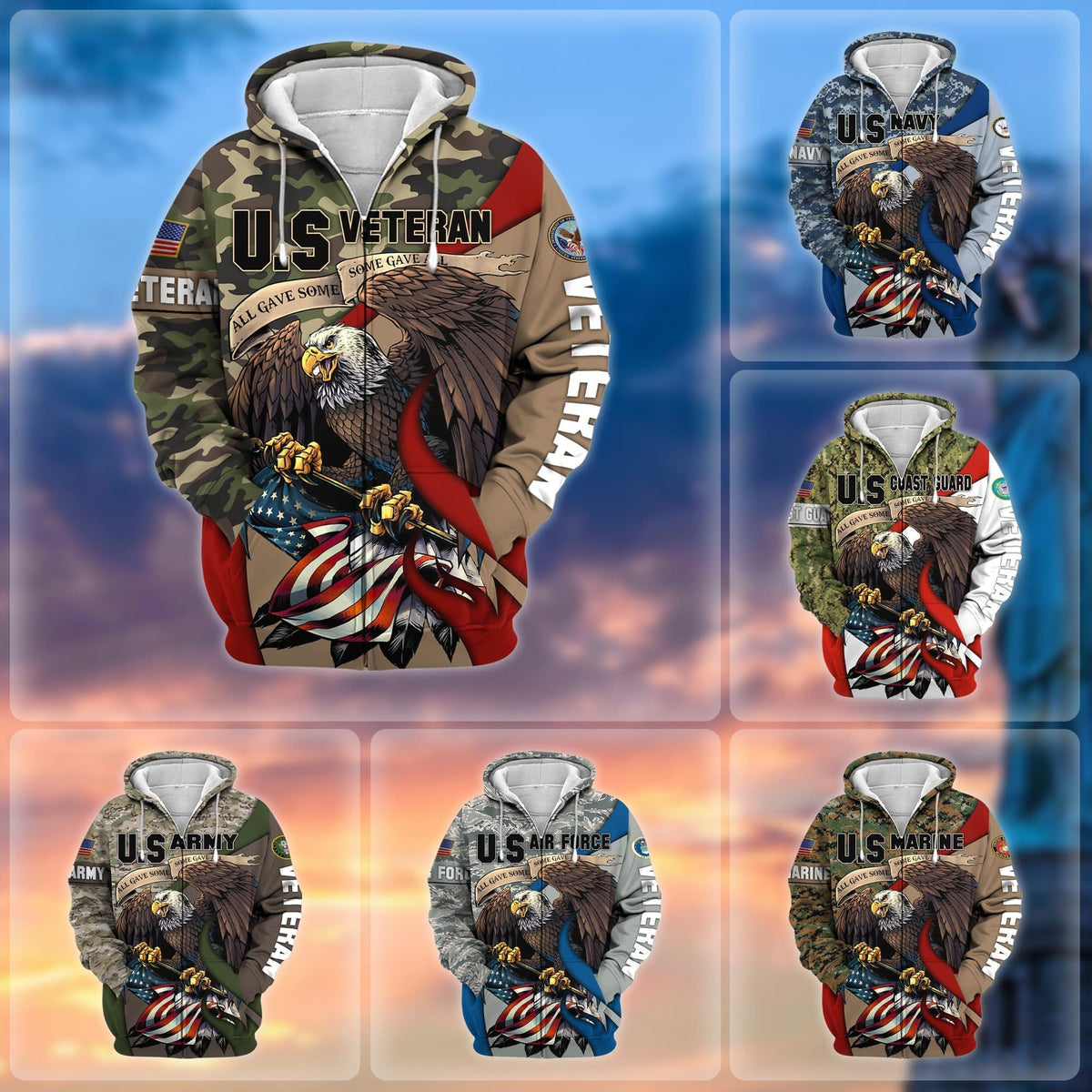 BJ Premium Camo Soldiers Multiservice US Veteran Zip Hoodie