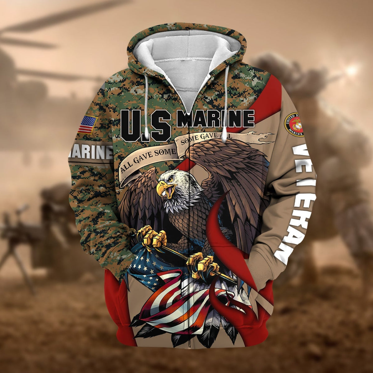 BJ Premium Camo Soldiers Multiservice US Veteran Zip Hoodie