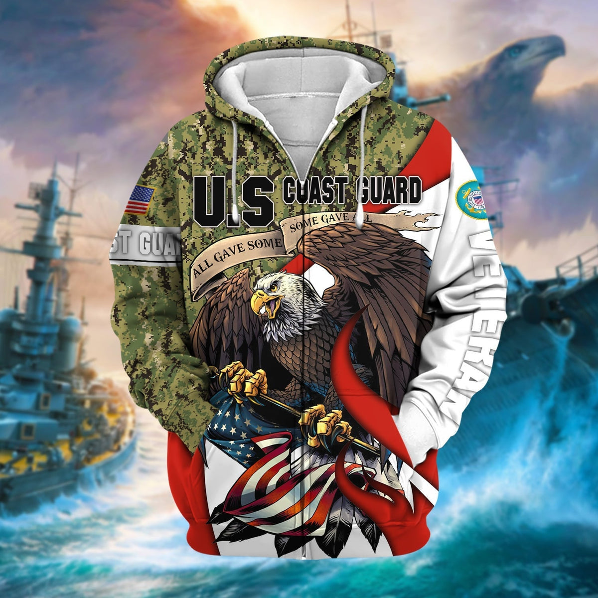 BJ Premium Camo Soldiers Multiservice US Veteran Zip Hoodie