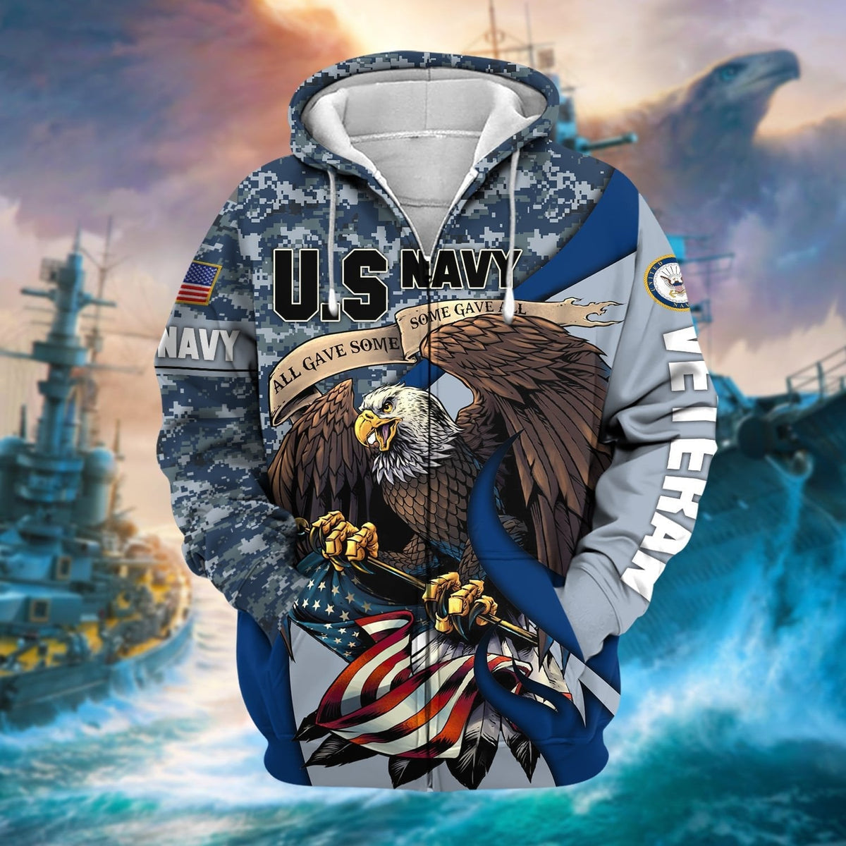 BJ Premium Camo Soldiers Multiservice US Veteran Zip Hoodie