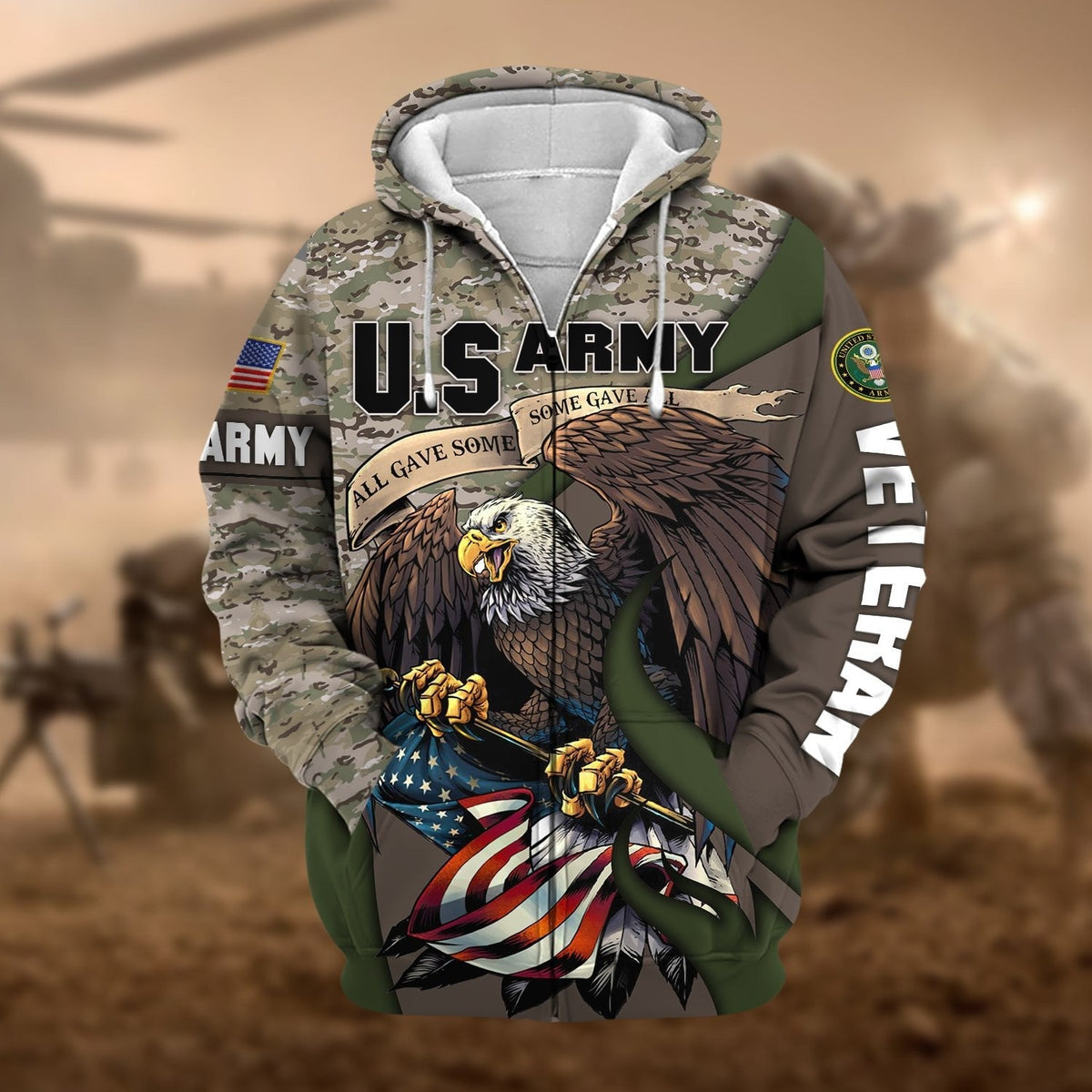BJ Premium Camo Soldiers Multiservice US Veteran Zip Hoodie