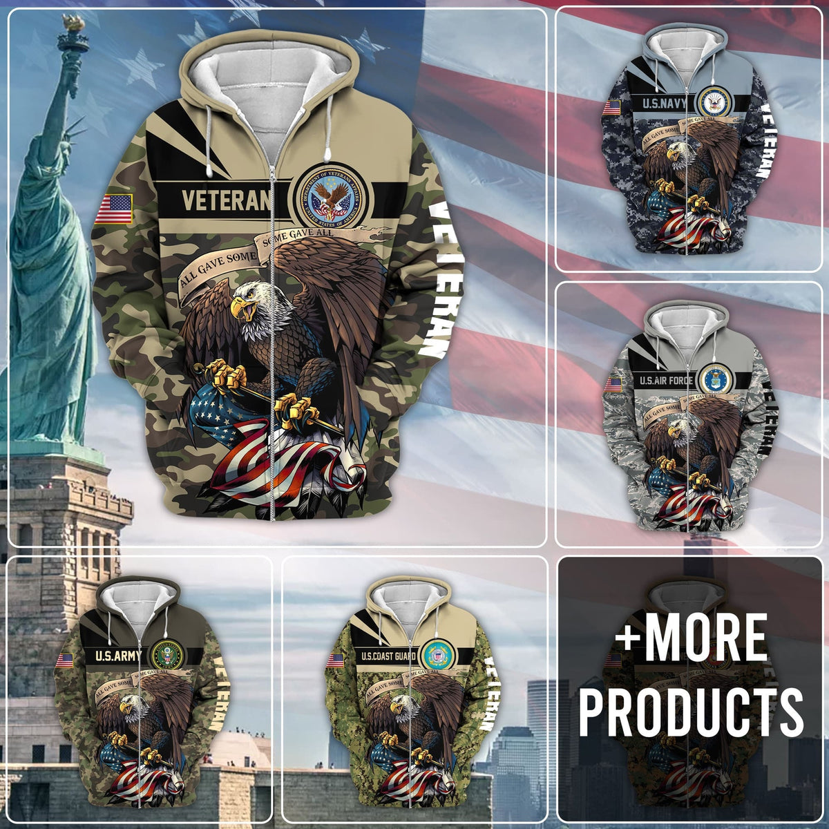 BJ Premium Camo Soldiers Multiservice US Veteran Zip Hoodie