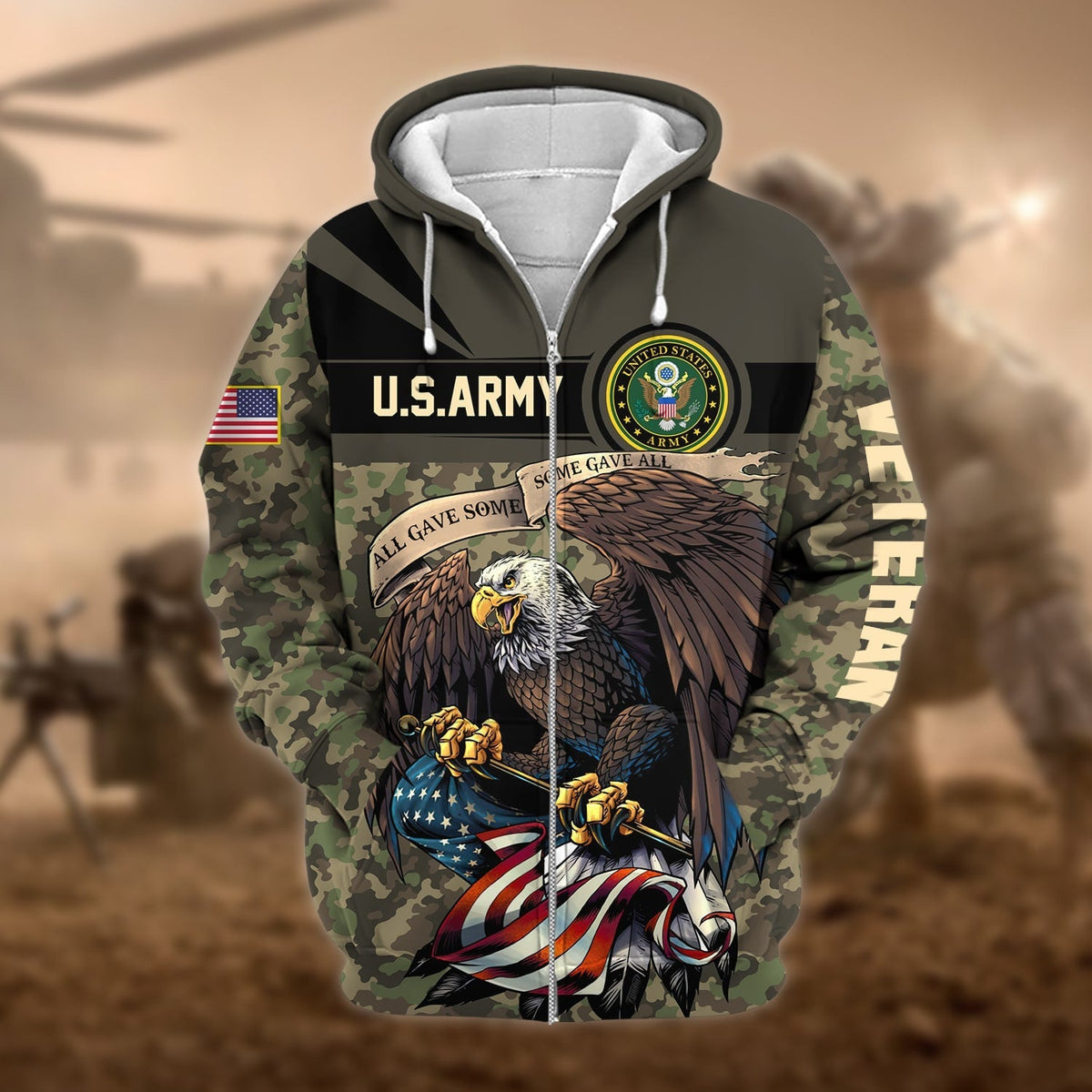 BJ Premium Camo Soldiers Multiservice US Veteran Zip Hoodie