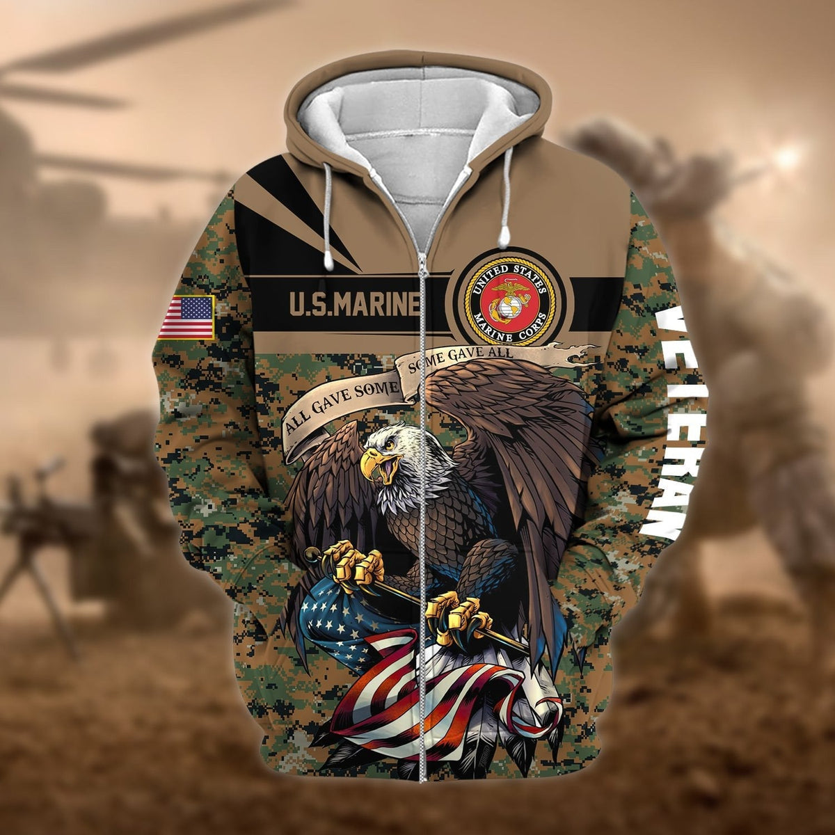 BJ Premium Camo Soldiers Multiservice US Veteran Zip Hoodie