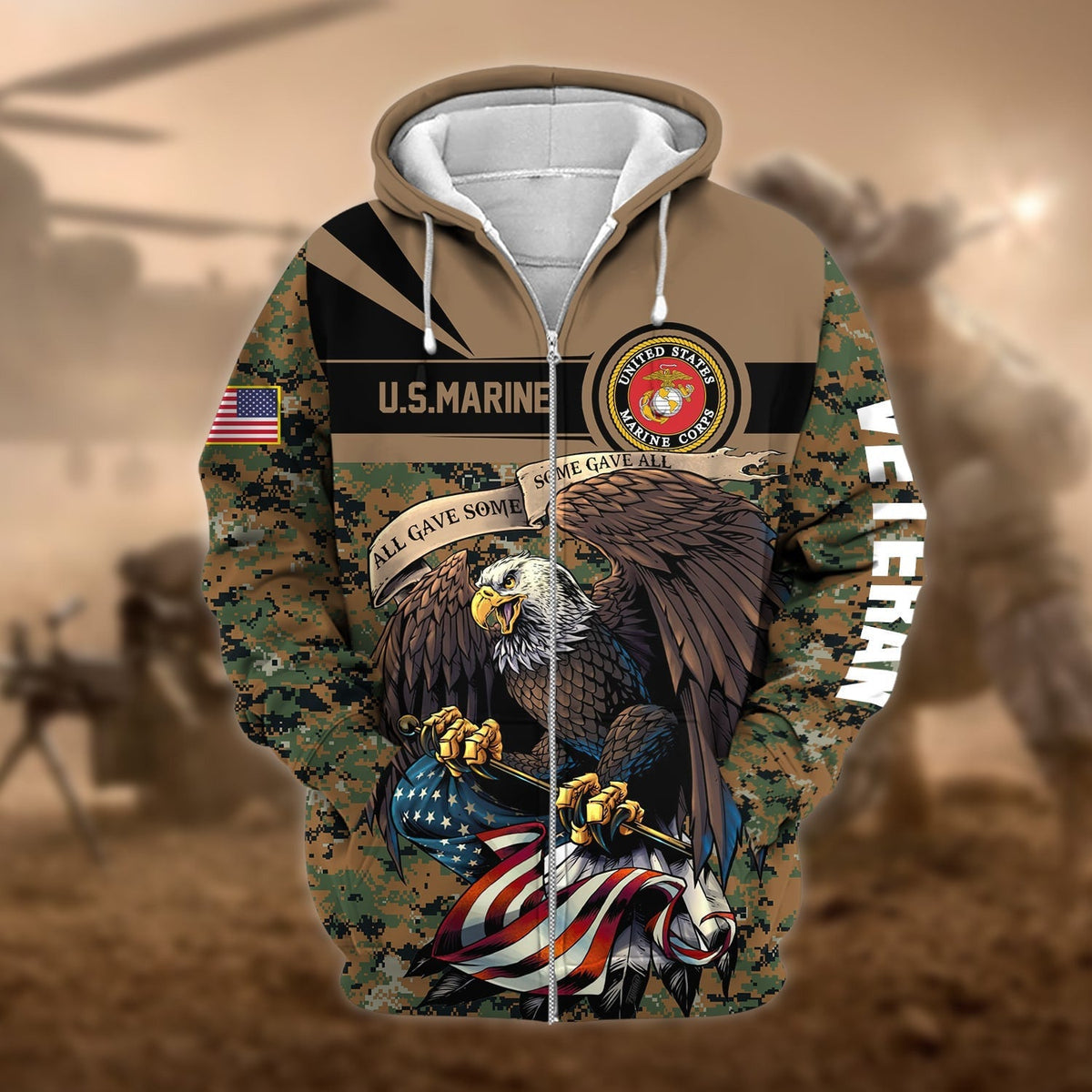 BJ Premium Camo Soldiers Multiservice US Veteran Zip Hoodie