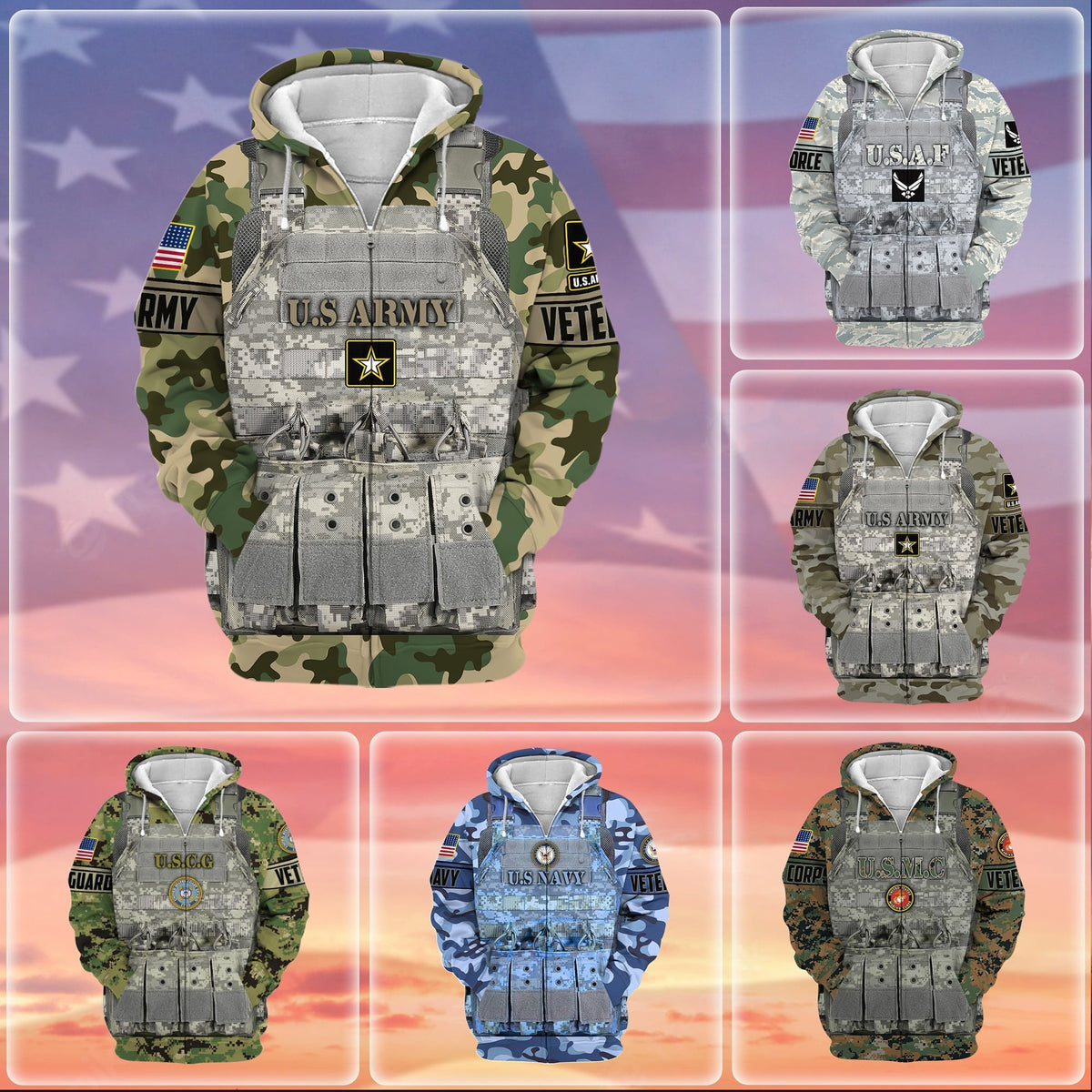 BJ Unique Camo Soldiers Multiservice US Veteran Zip Hoodie