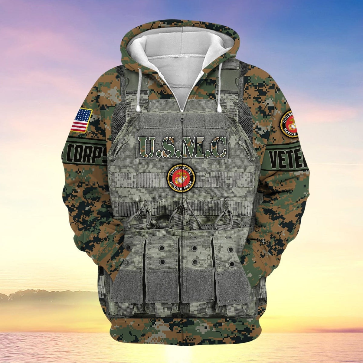 BJ Unique Camo Soldiers Multiservice US Veteran Zip Hoodie
