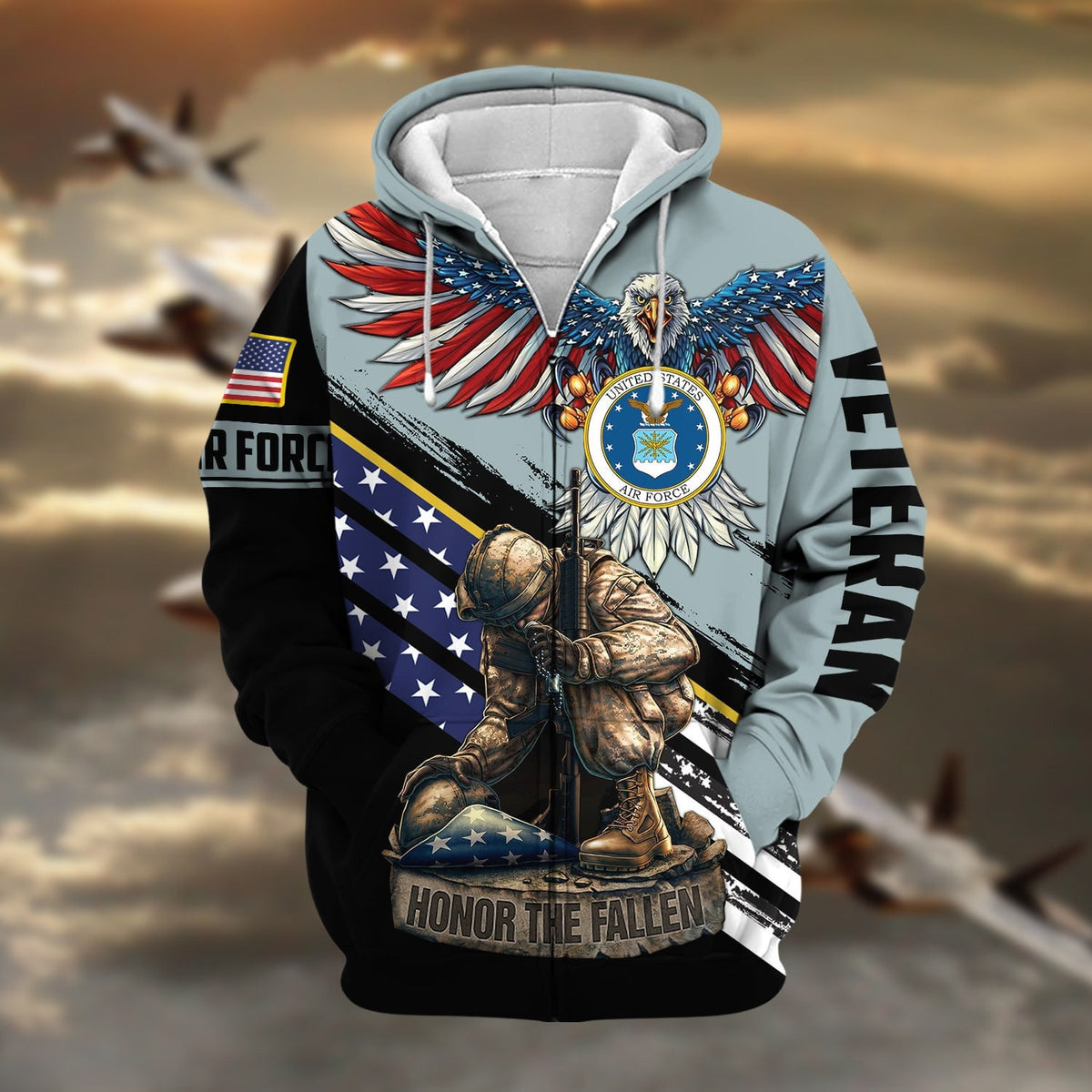 BJ Premium Honor The Fallen US Veteran Zip Hoodie