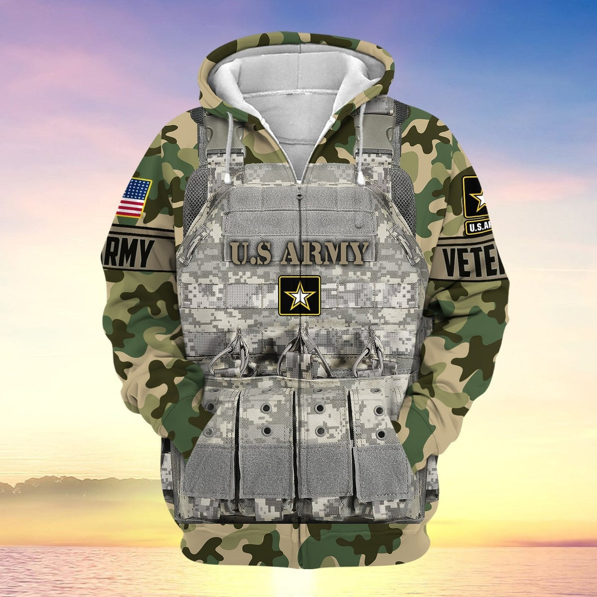 BJ Unique Camo Soldiers Multiservice US Veteran Zip Hoodie