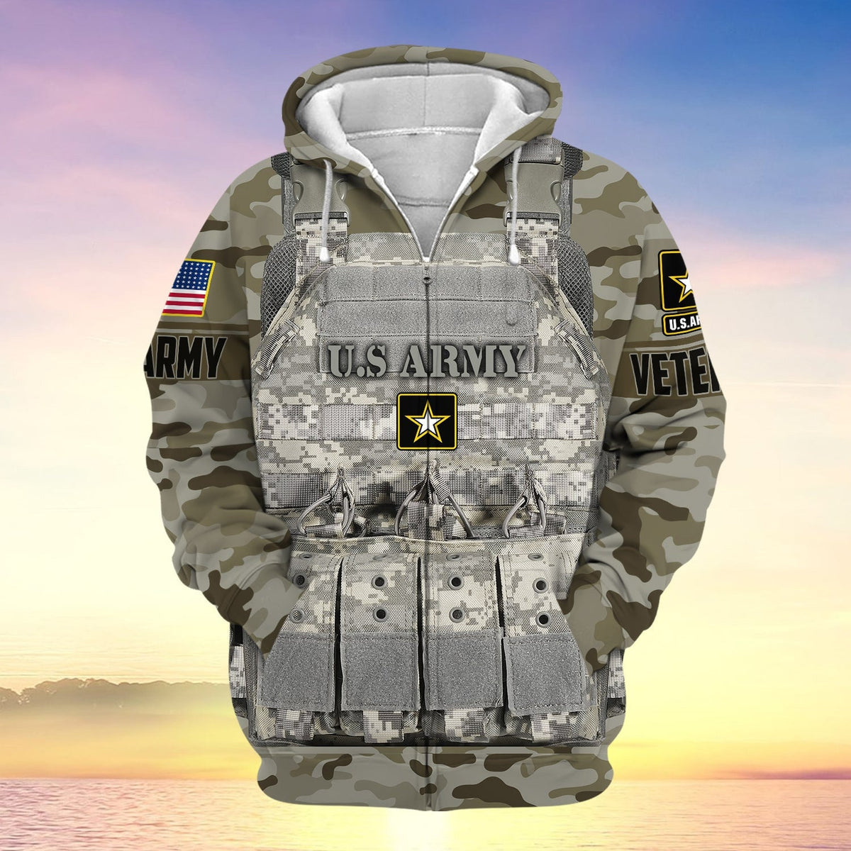 BJ Unique Camo Soldiers Multiservice US Veteran Zip Hoodie