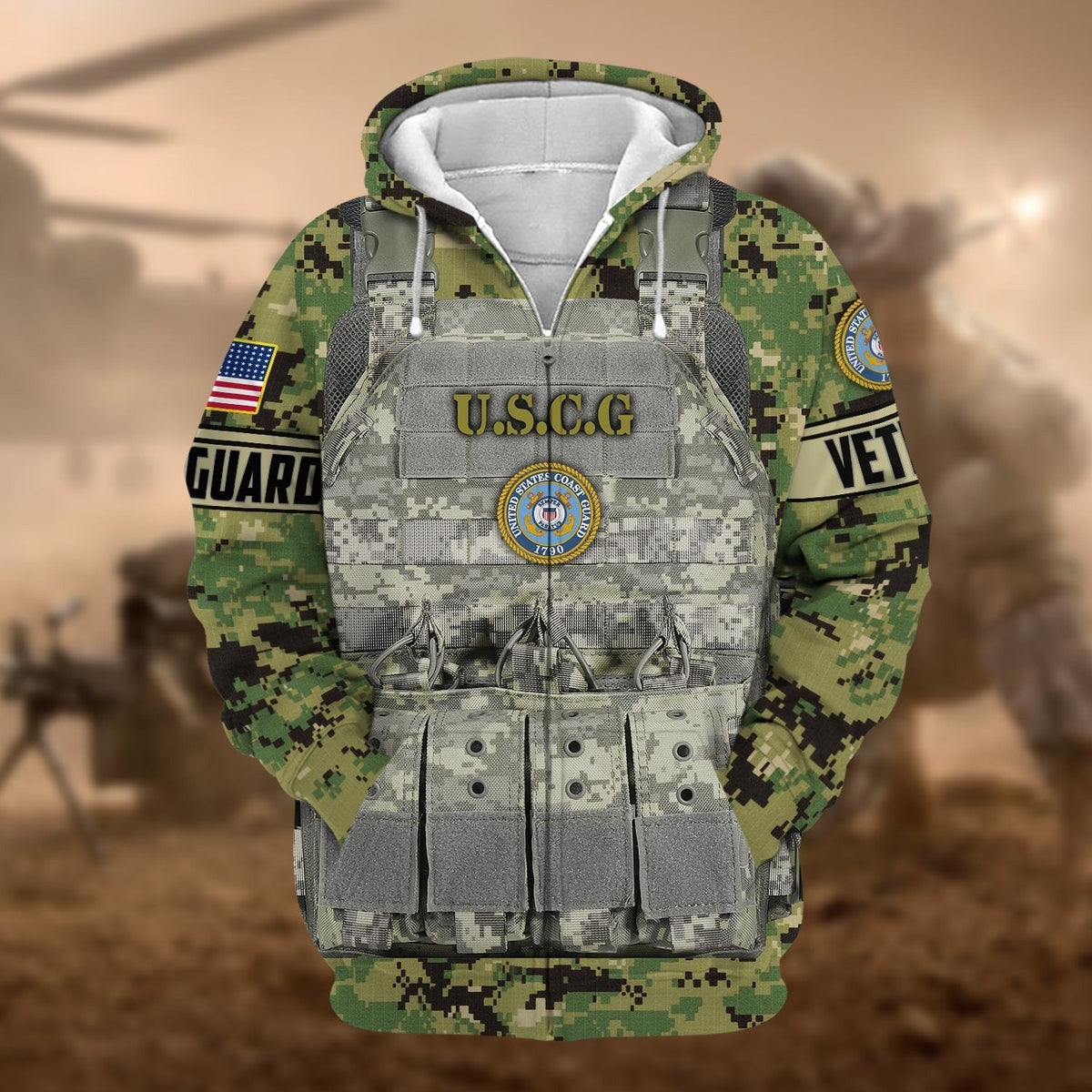 BJ Unique Camo Soldiers Multiservice US Veteran Zip Hoodie