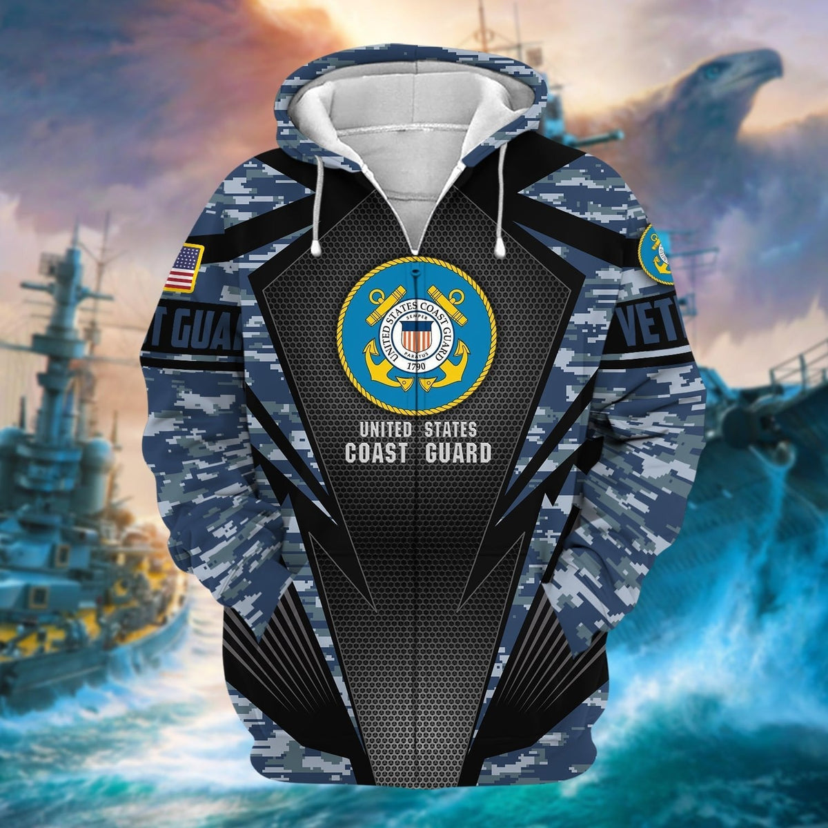 BJ Unique Camo Soldiers Multiservice US Veteran Zip Hoodie