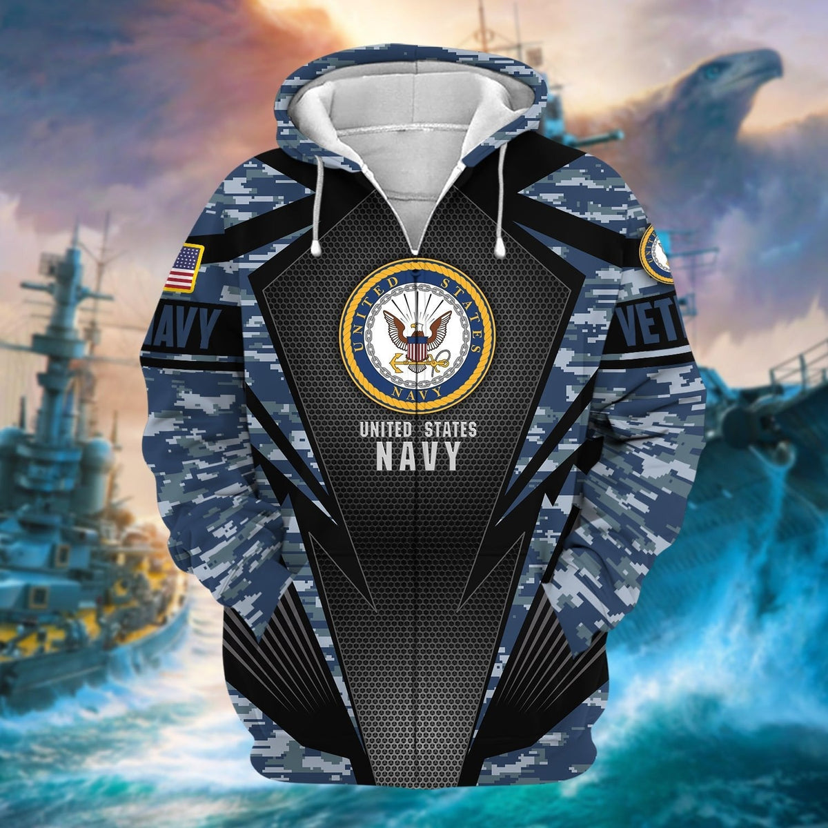 BJ Unique Camo Soldiers Multiservice US Veteran Zip Hoodie